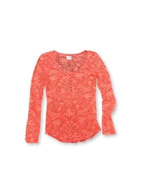Free People Intimately Henley Top Rayon Knit Floral Orange Pink Long Sleeve M